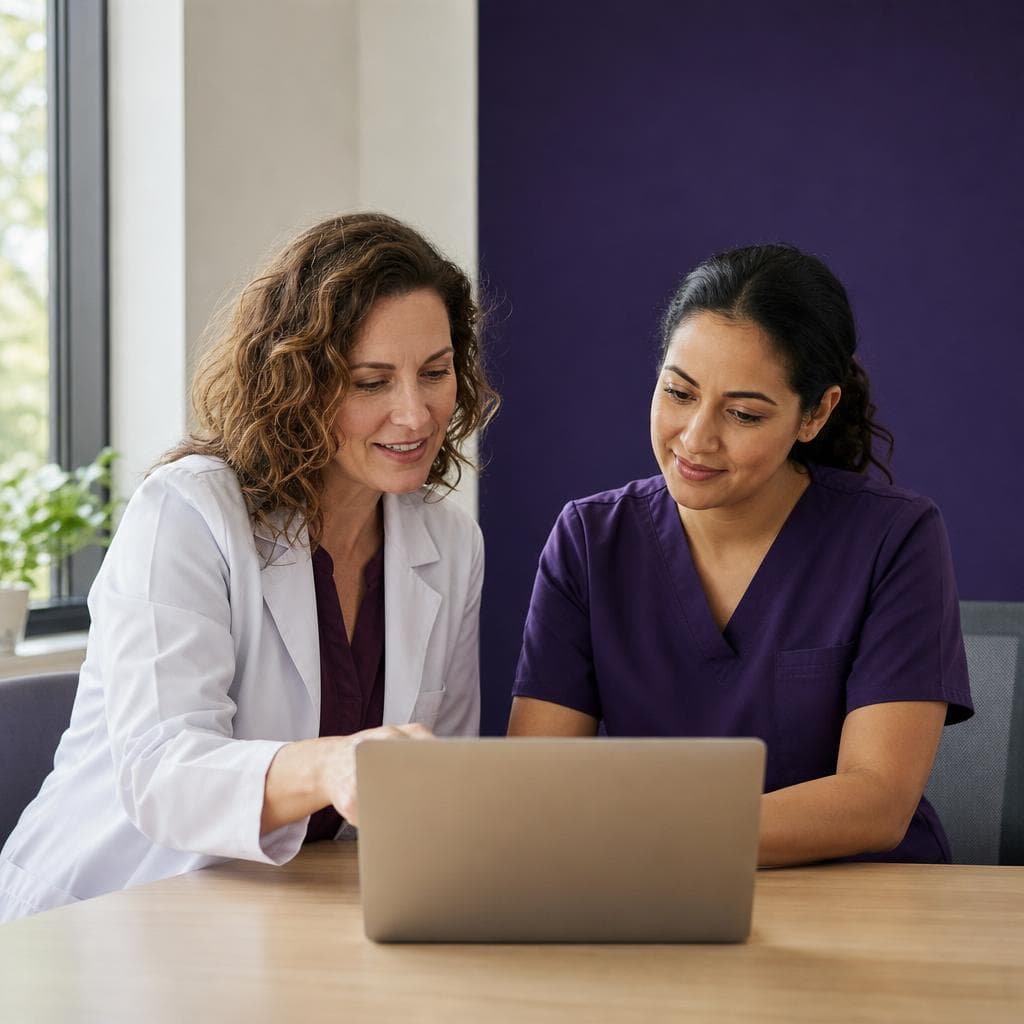 The Connected Care Model: Aligning Patients, Providers, and Partners Illustration of two clinicians collaborating over a laptop in a warm, indigo-accented office.